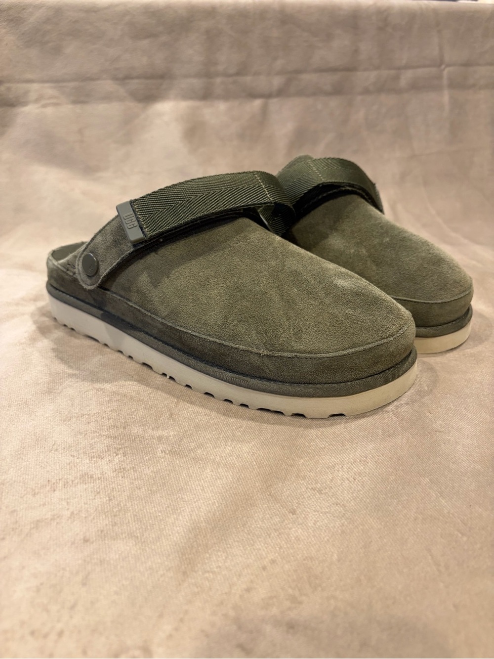 UGG Olive Green Suede Mule Clogs with Adjustable Strap